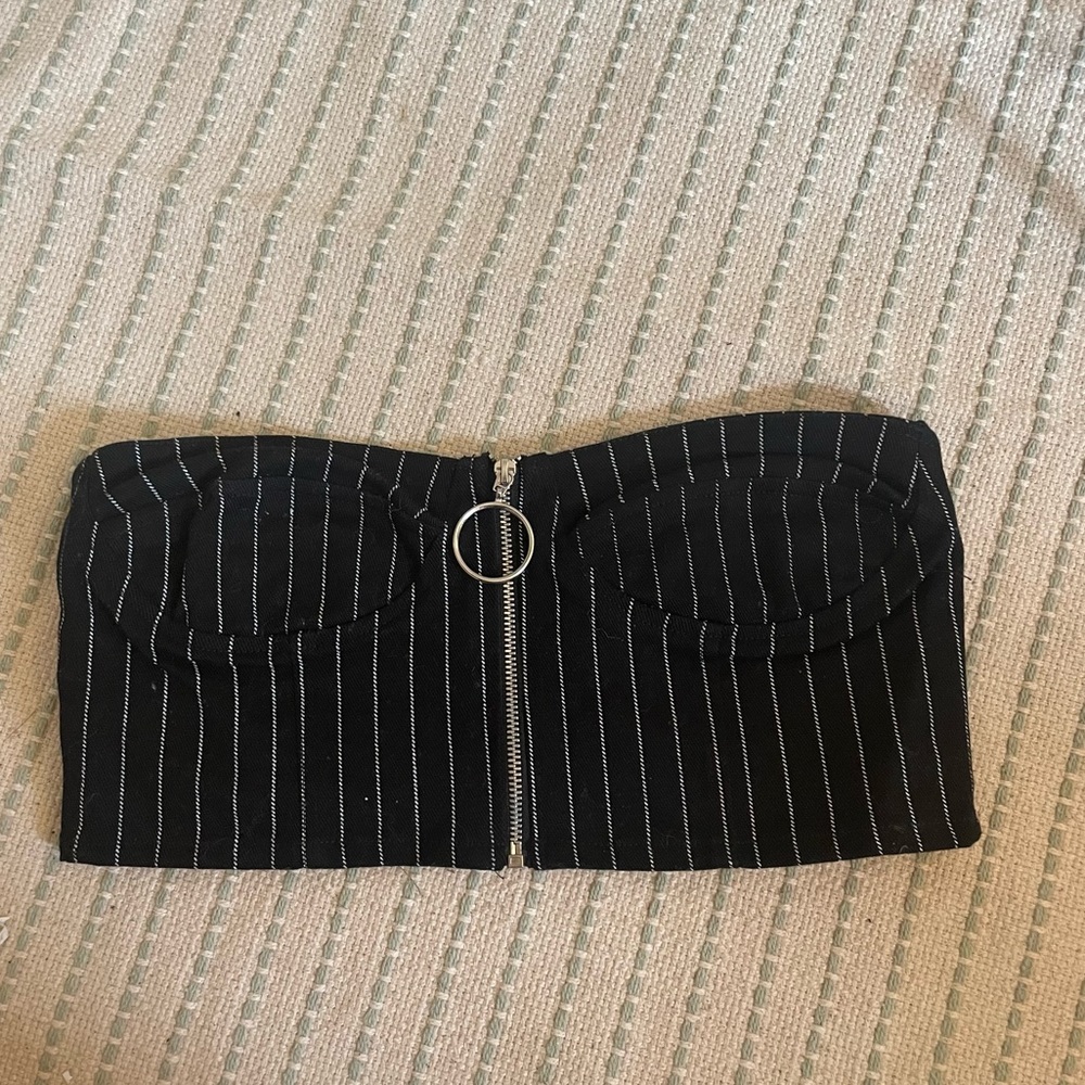 MOTEL rocks black stripe zip up bustier crop top